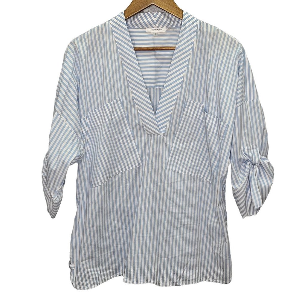 Calvin Klein Baby Blue And White Striped Top Size L